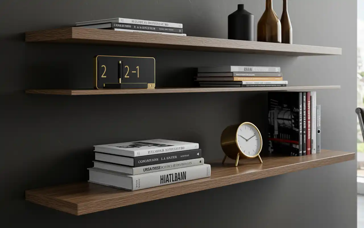 Floating white shelves in an office holding books and high-end decorative objects.