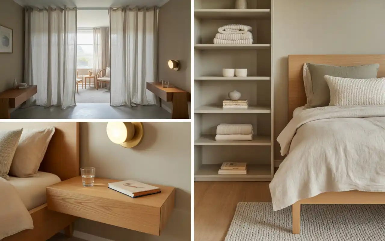 Floor to ceiling shelving in a small modern guest bedroom.
