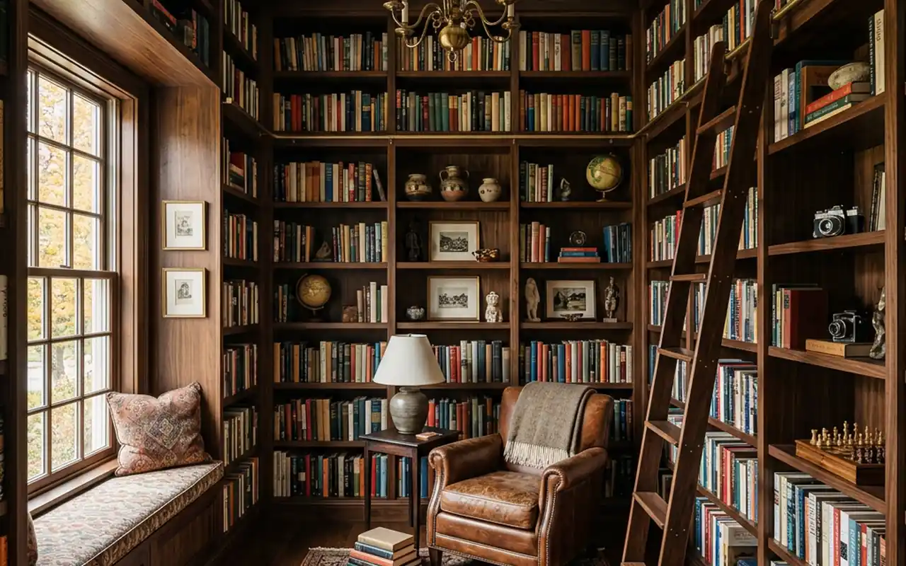 Floor-to-ceiling built-in bookshelves in a small man cave maximizing vertical space.
