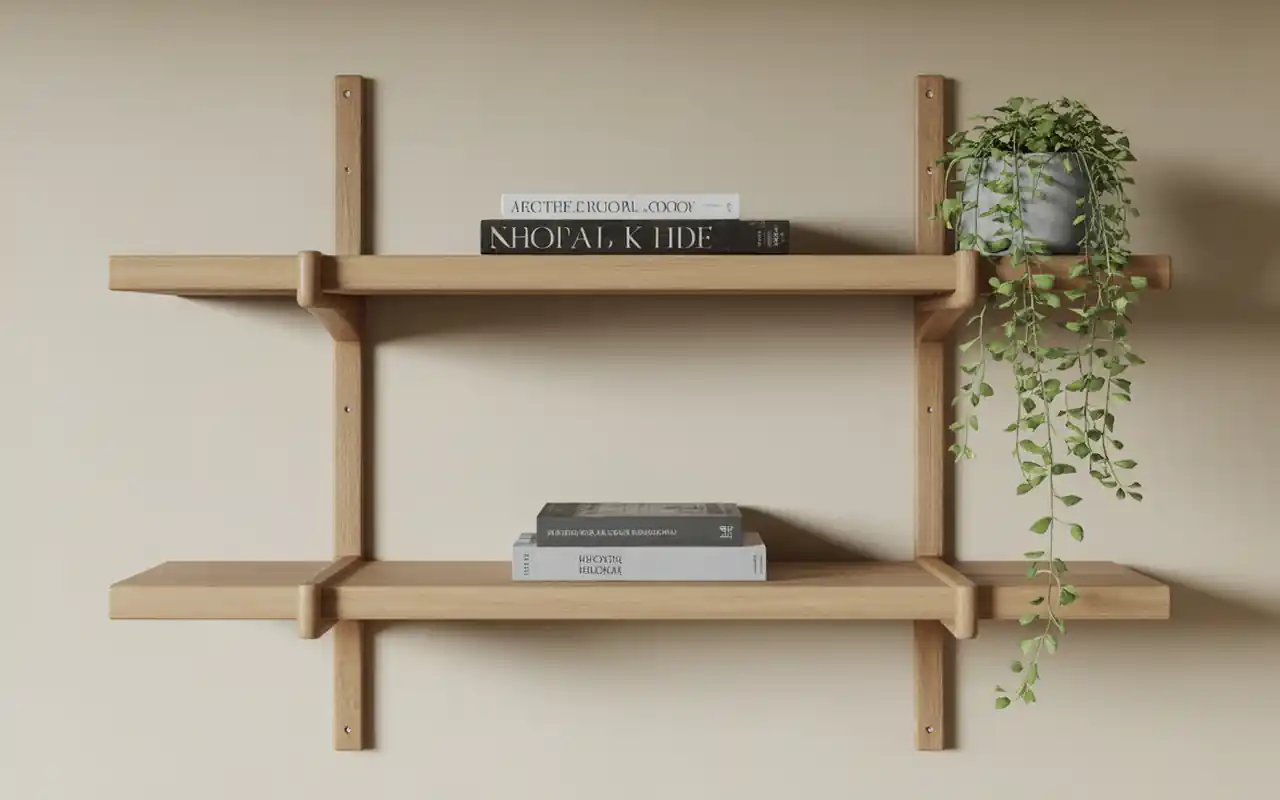 Floating wood shelves above a bed holding books and a small plant.