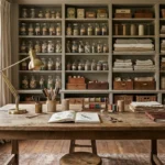 A luxurious vintage craft room with a large wooden table and brass accents.