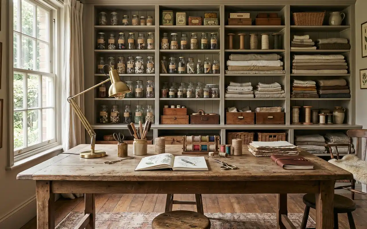 A luxurious vintage craft room with a large wooden table and brass accents.