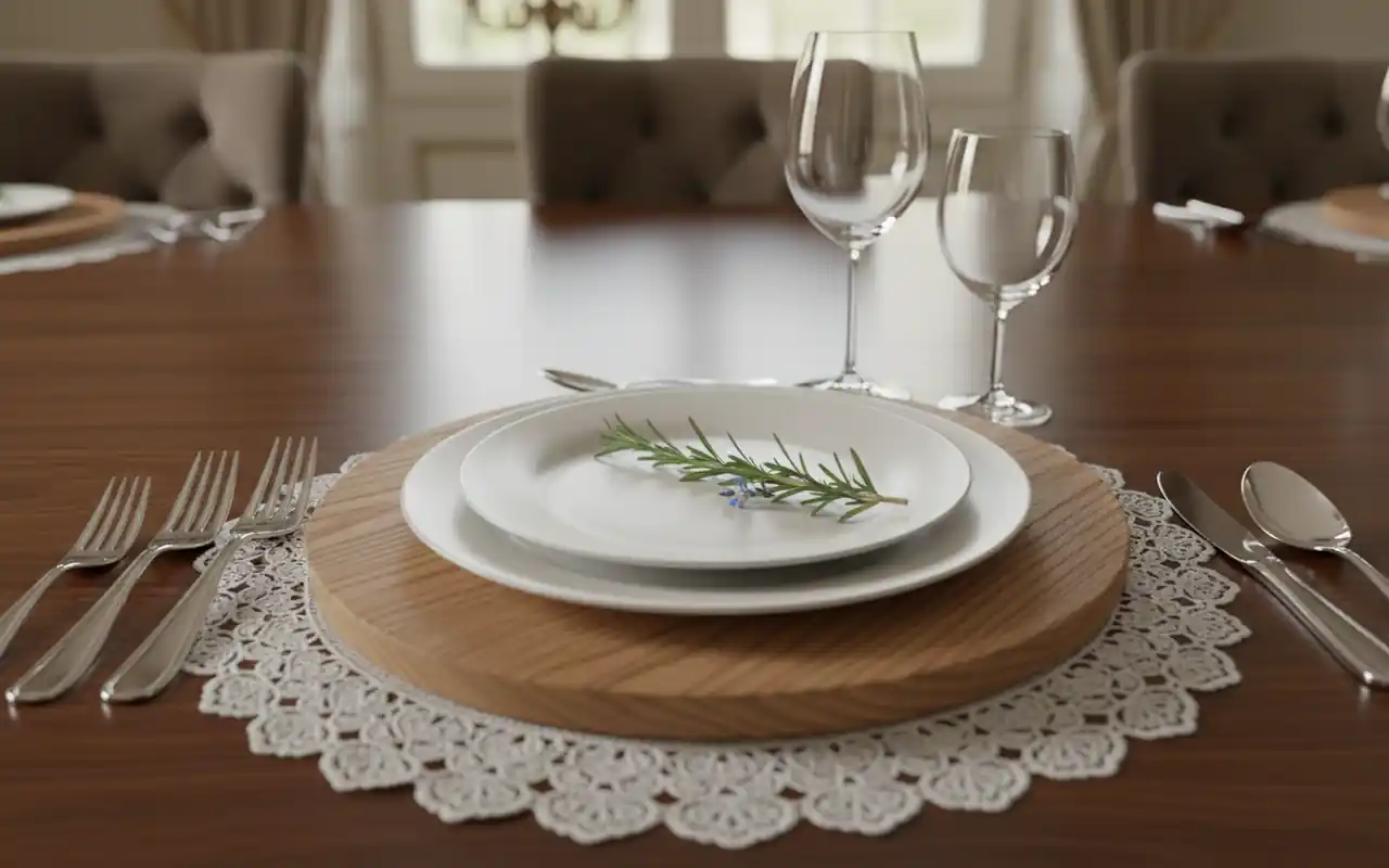 A place setting featuring a lace doily, a soft oak charger, and an ivory ceramic plate.