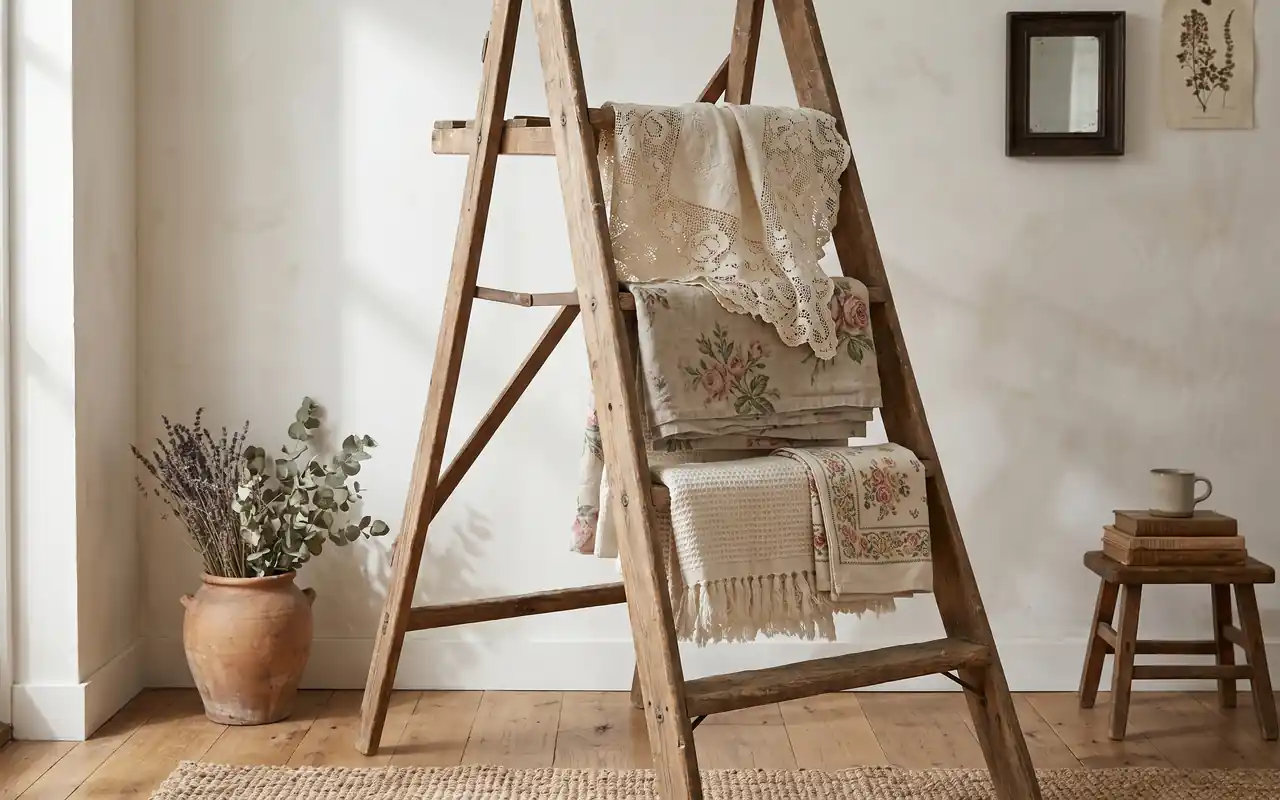 A wooden step ladder displaying vintage fabric rolls and quilts.