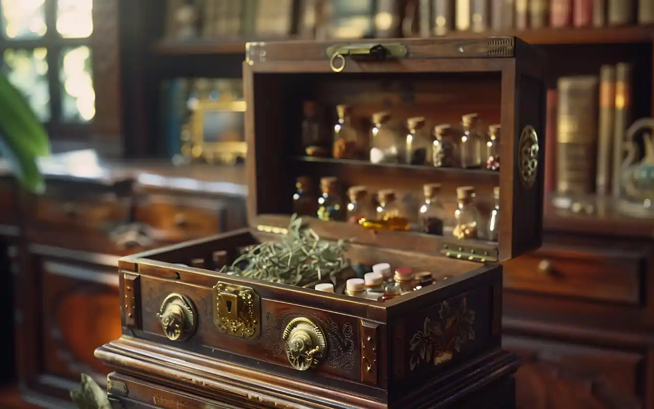 An antique apothecary cabinet with multiple drawers for craft supply organization.
