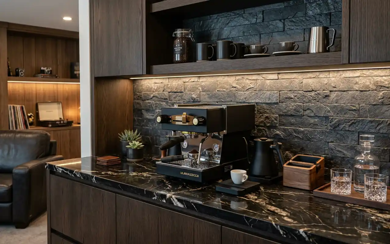 A sleek coffee and refreshment station with a stone backsplash in a virtual golf room.