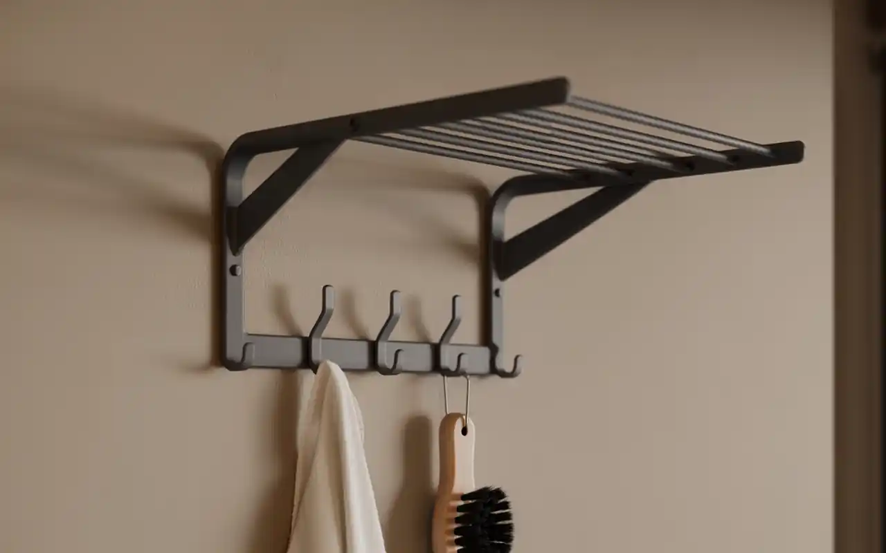 Matte black wall-mounted drying rack and hooks in a modern utility room.