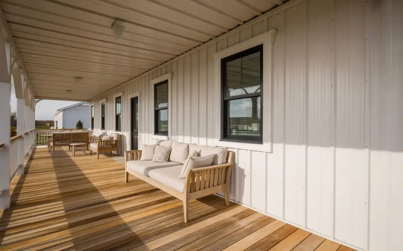 A bright white barndominium exterior featuring black window frames and industrial lighting.