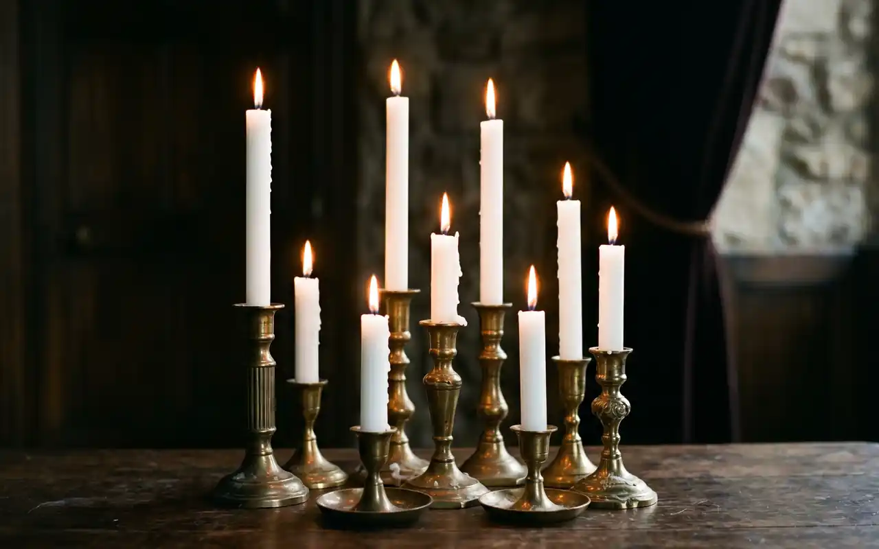 A rhythmic cluster of white taper candles in brass holders on a dark wood dining table.