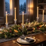 A luxurious winter centerpiece featuring brass tapers and evergreens on a walnut table.