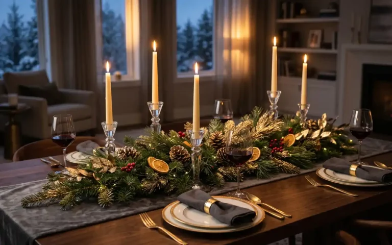 A luxurious winter centerpiece featuring brass tapers and evergreens on a walnut table.