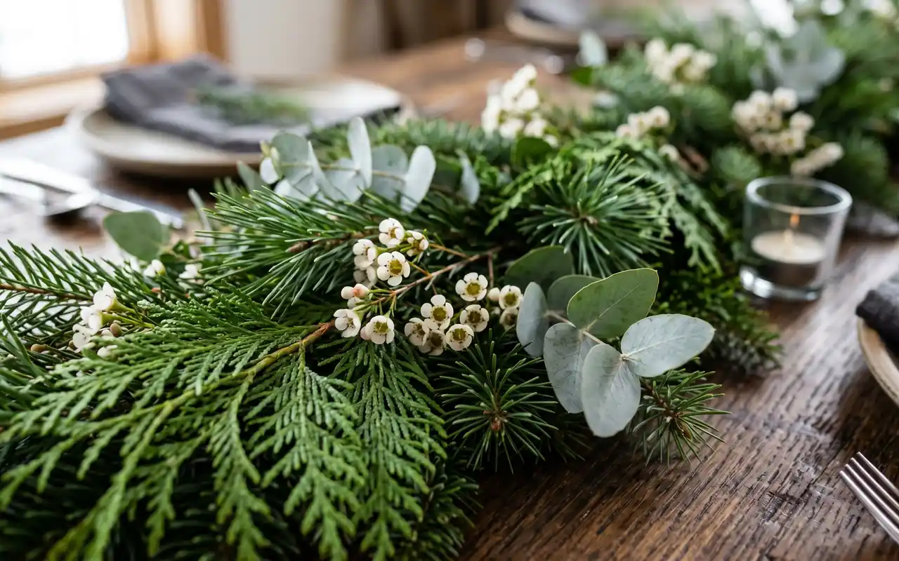 A close-up of a fresh cedar and pine table runner with small white berry accents.