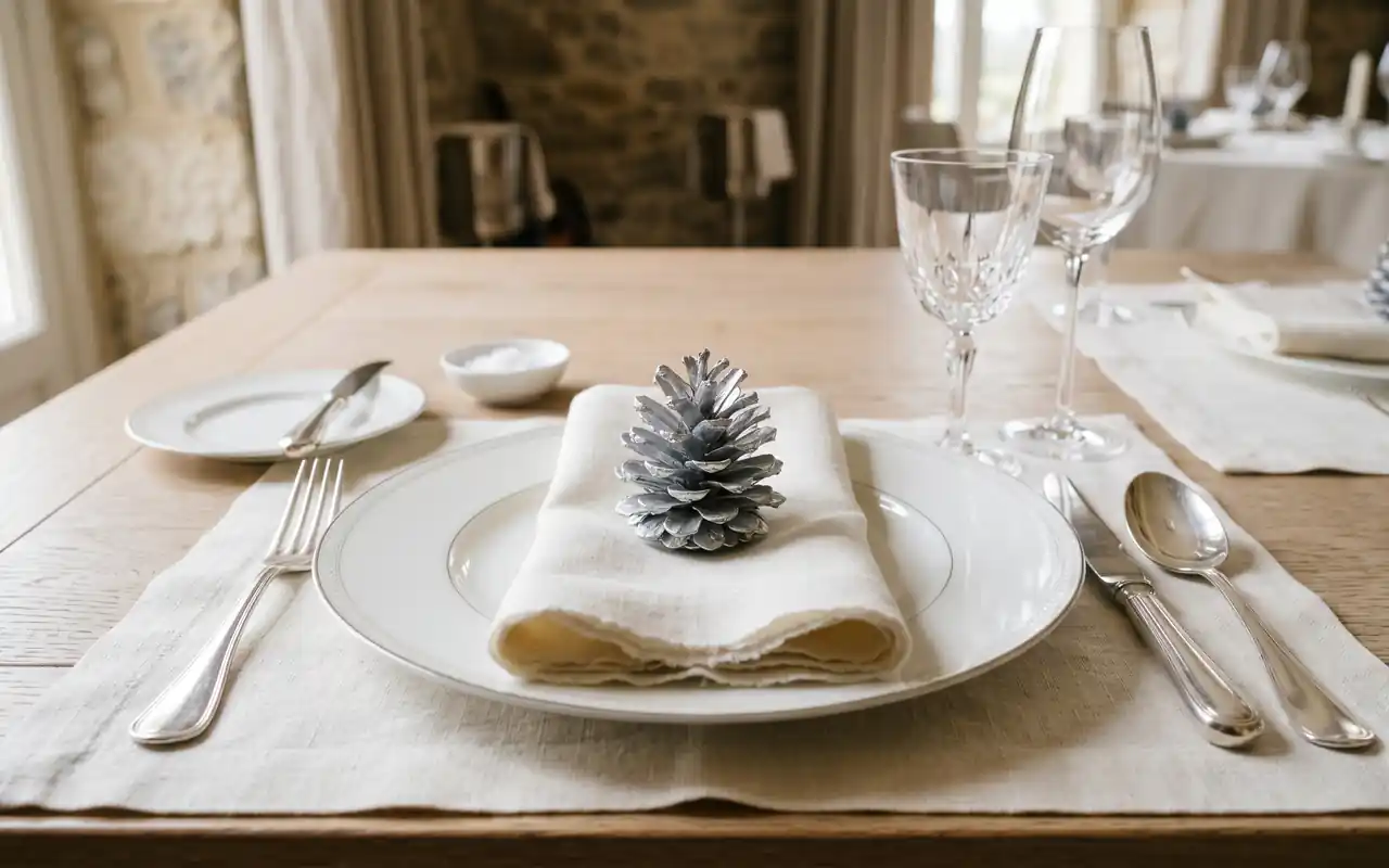 A monochromatic white place setting with a cream linen napkin and a silver-dusted pinecone.