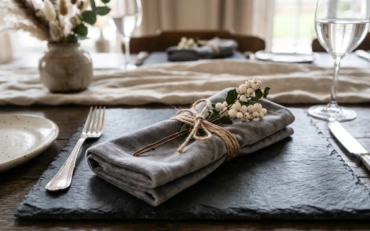 A detailed shot of small white berries and eucalyptus sprigs tied to a grey velvet napkin.
