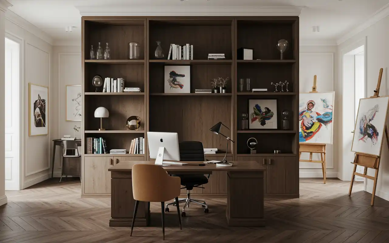 A wide shot showing a clear division between a computer desk and a sewing station.