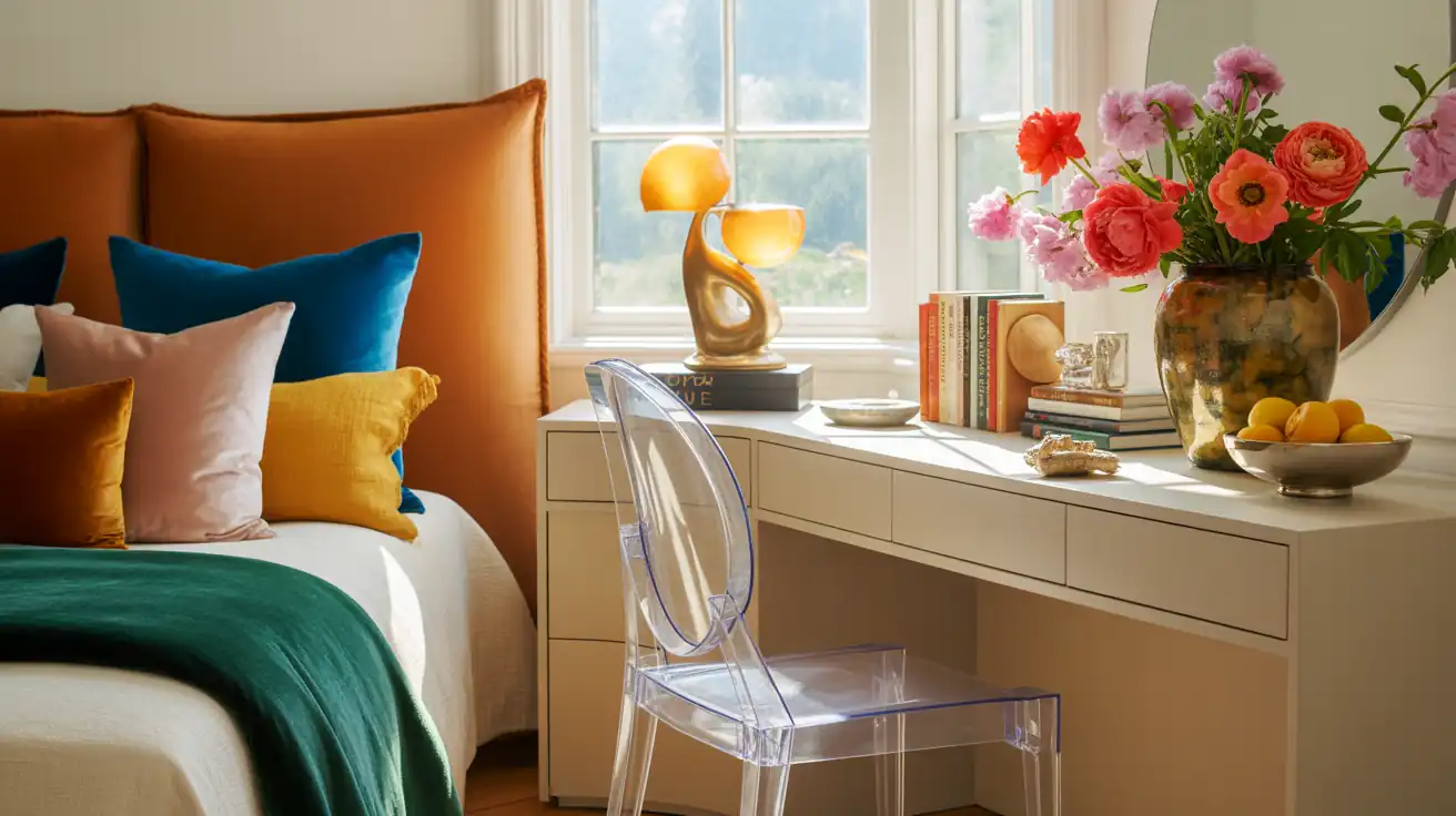 A highly functional small bedroom vanity paired with a clear acrylic ghost chair to reduce visual clutter.