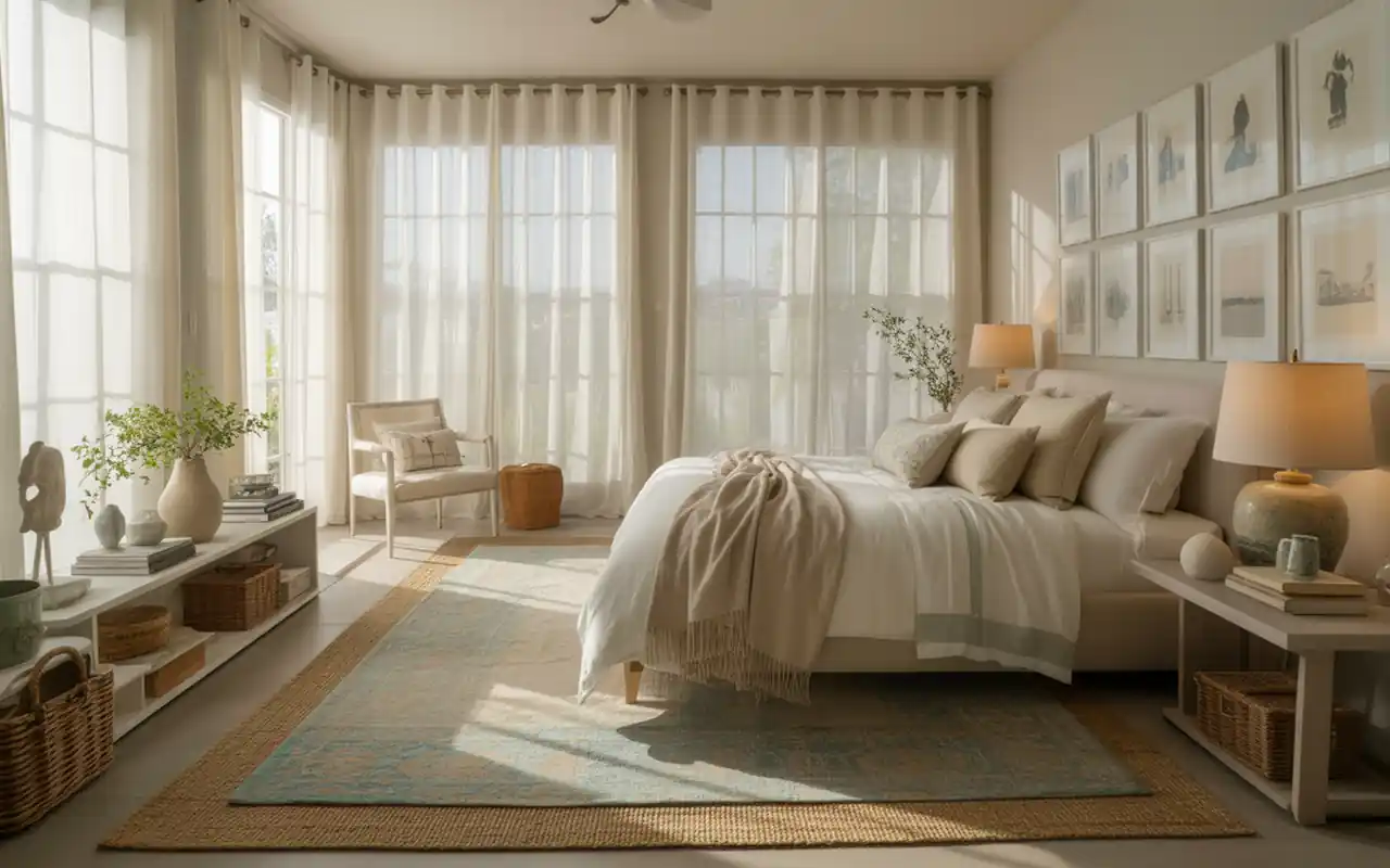 A wide-angle view of an airy bedroom with jute rugs, sheer curtains, and coastal art prints.