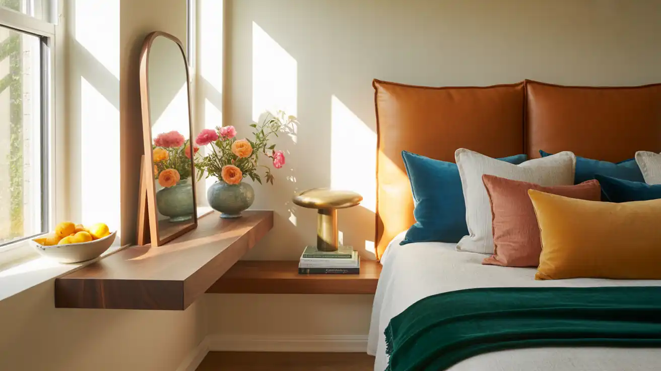 A shallow bedroom alcove cleverly converted into a built-in vanity station with floating wooden shelves.