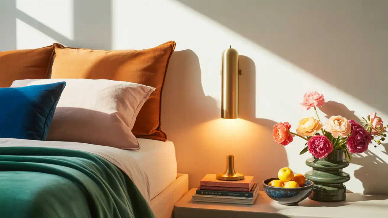 A large, arched brass floor mirror leaning against a wall in a tiny bedroom, reflecting soft natural sunlight.