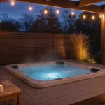 Backyard hot tub ideas for a dreamy outdoor retreat with cedar deck surround and warm evening lighting