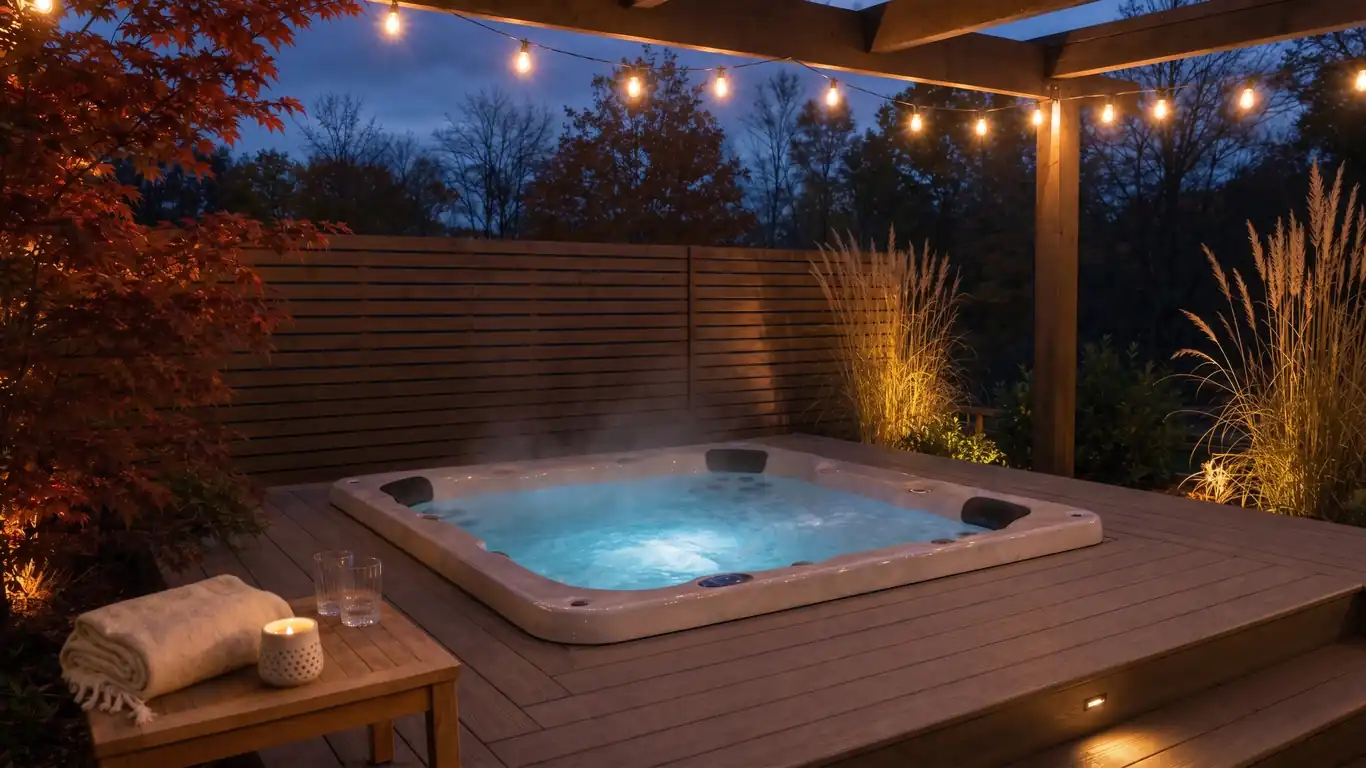 Backyard hot tub ideas for a dreamy outdoor retreat with cedar deck surround and warm evening lighting