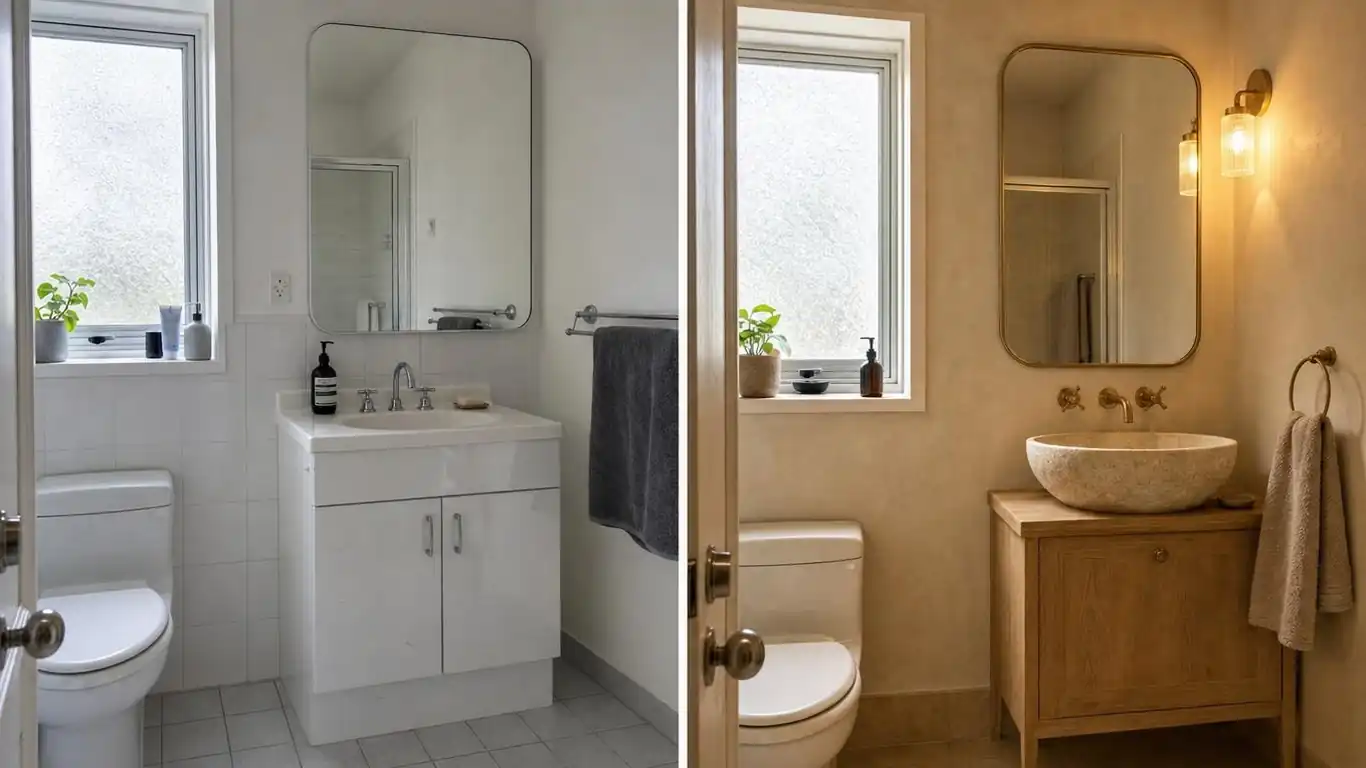 Side-by-side bathroom comparison showing dated all-grey tile and chrome against warm 2026 travertine and brass alternative