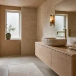 Modern bathroom featuring travertine tile, unlacquered brass fixtures, and warm oak vanity in a 2026 spa-inspired design