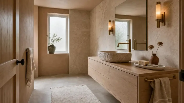 Modern bathroom featuring travertine tile, unlacquered brass fixtures, and warm oak vanity in a 2026 spa-inspired design