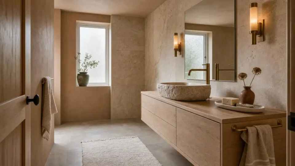 Modern bathroom featuring travertine tile, unlacquered brass fixtures, and warm oak vanity in a 2026 spa-inspired design