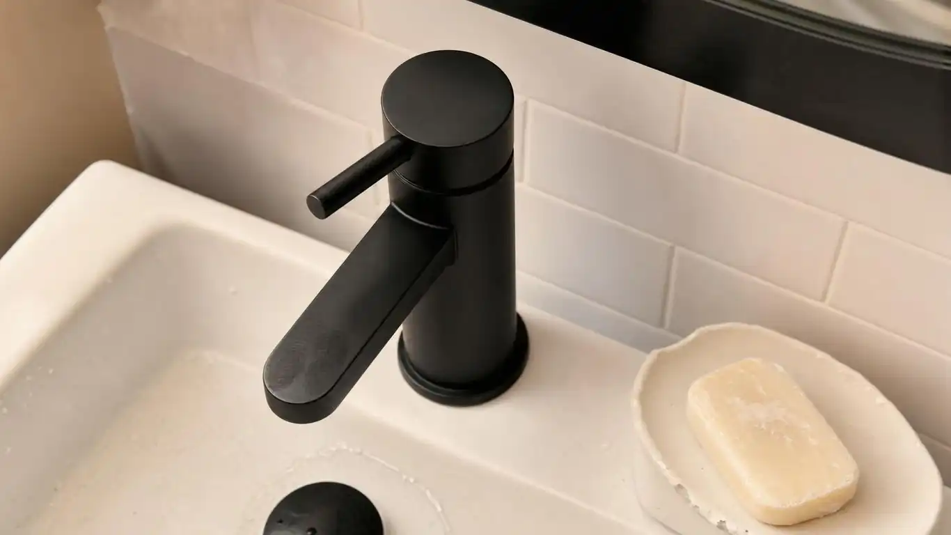 Close-up of black and white bathroom contrast — matte black tap against white ceramic tile with dark grout