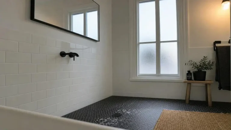 Elegant black and white bathroom with matte black fixtures, white metro tile walls, and black hex floor tile