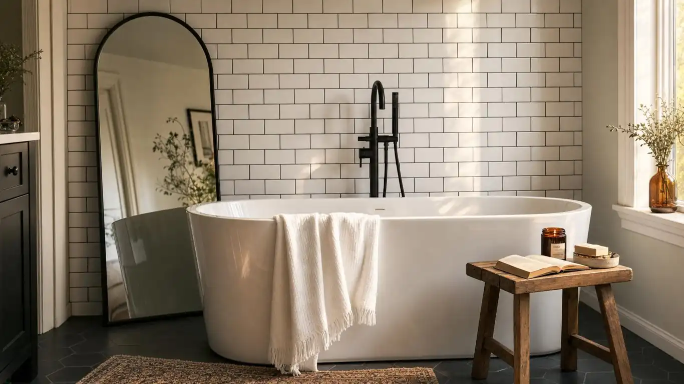 Matte black bathroom fixtures including basin tap and towel rail set against white tile in a monochrome bathroom