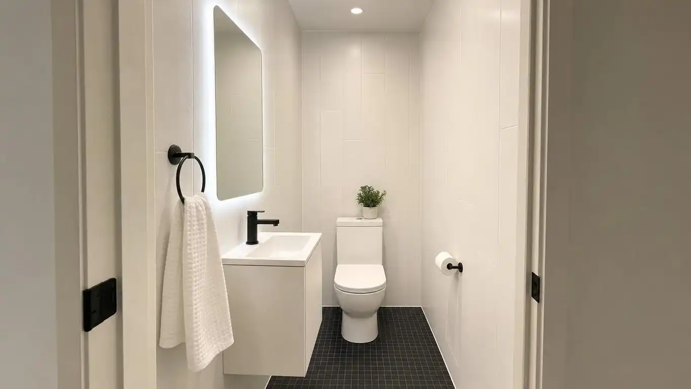 Side-by-side comparison of white grout and dark grout on white subway tile in a black and white bathroom