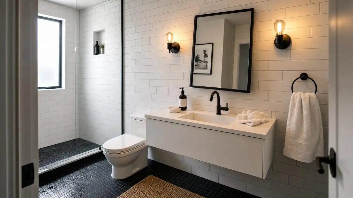 Common black and white bathroom mistakes shown — mixed metal finishes and unbalanced tone split