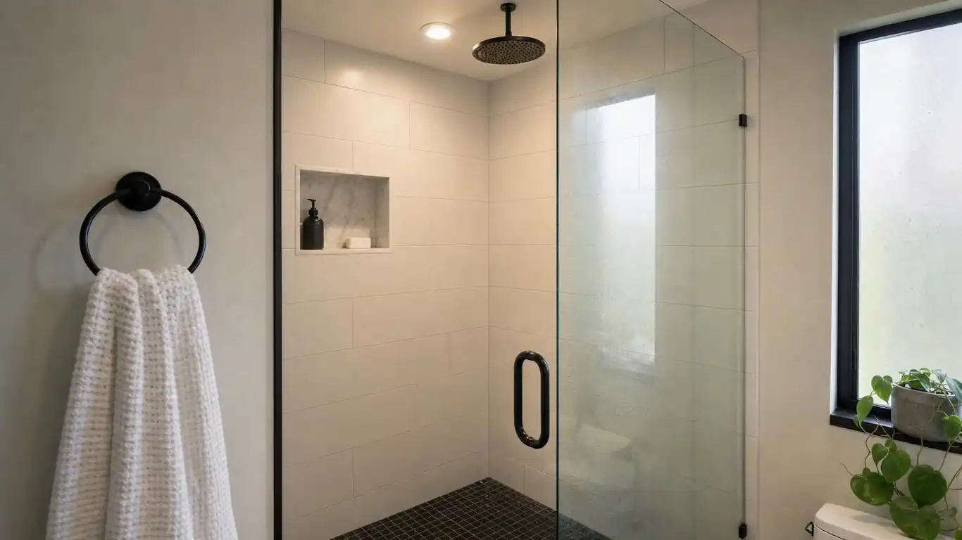 Small black and white bathroom with dominant white walls, black hex floor tile, and matte black mirror frame