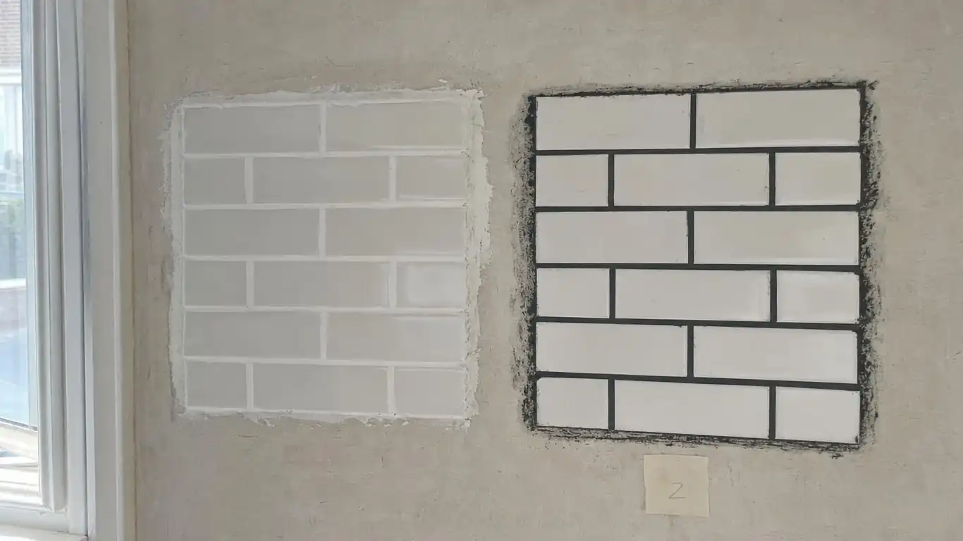 Wide view of a black and white bathroom showing the 60/40 tone split between white wall tile and dark floor