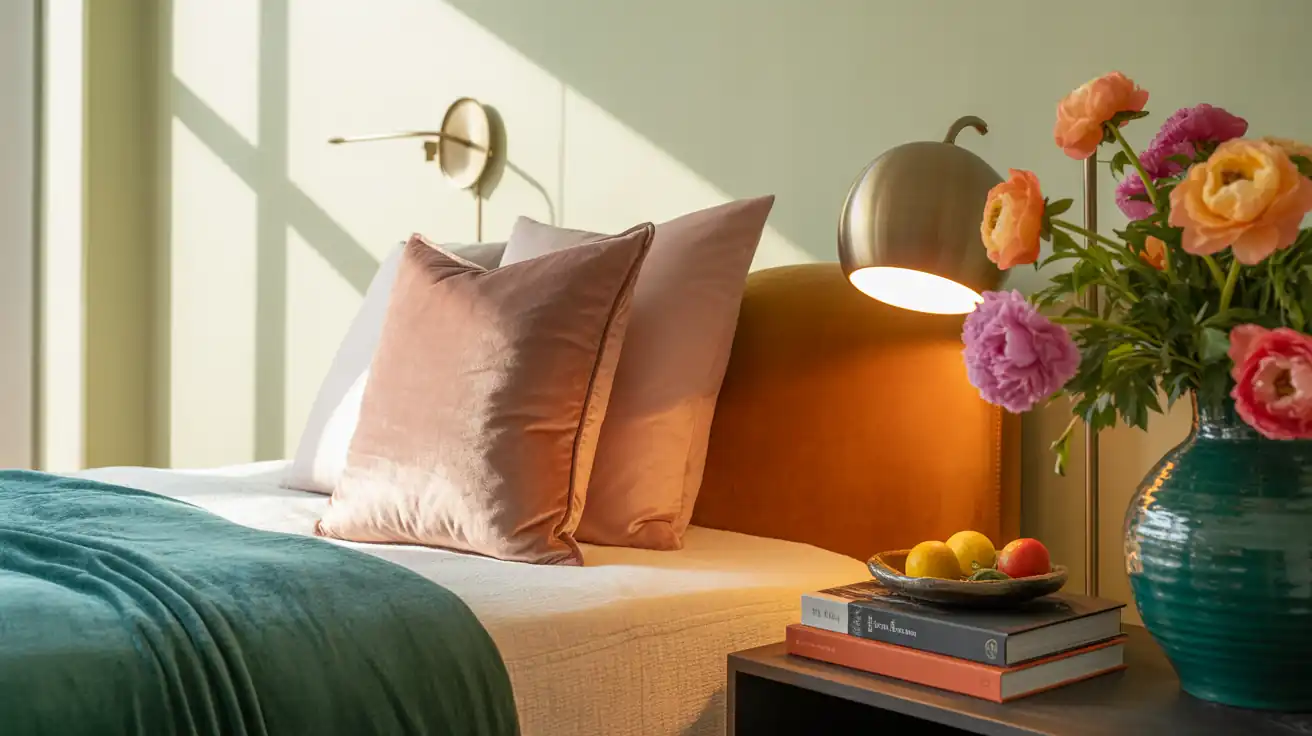 Cozy bedroom corner featuring a subtle blush velvet pillow and a warm brass plug-in wall sconce.