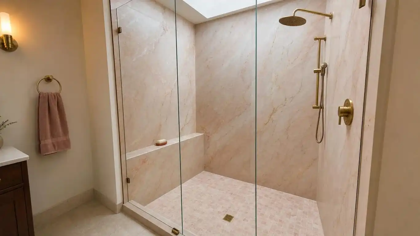 Blush marble shower surround with large-format slabs and unlacquered brass shower fixtures in a modern bathroom