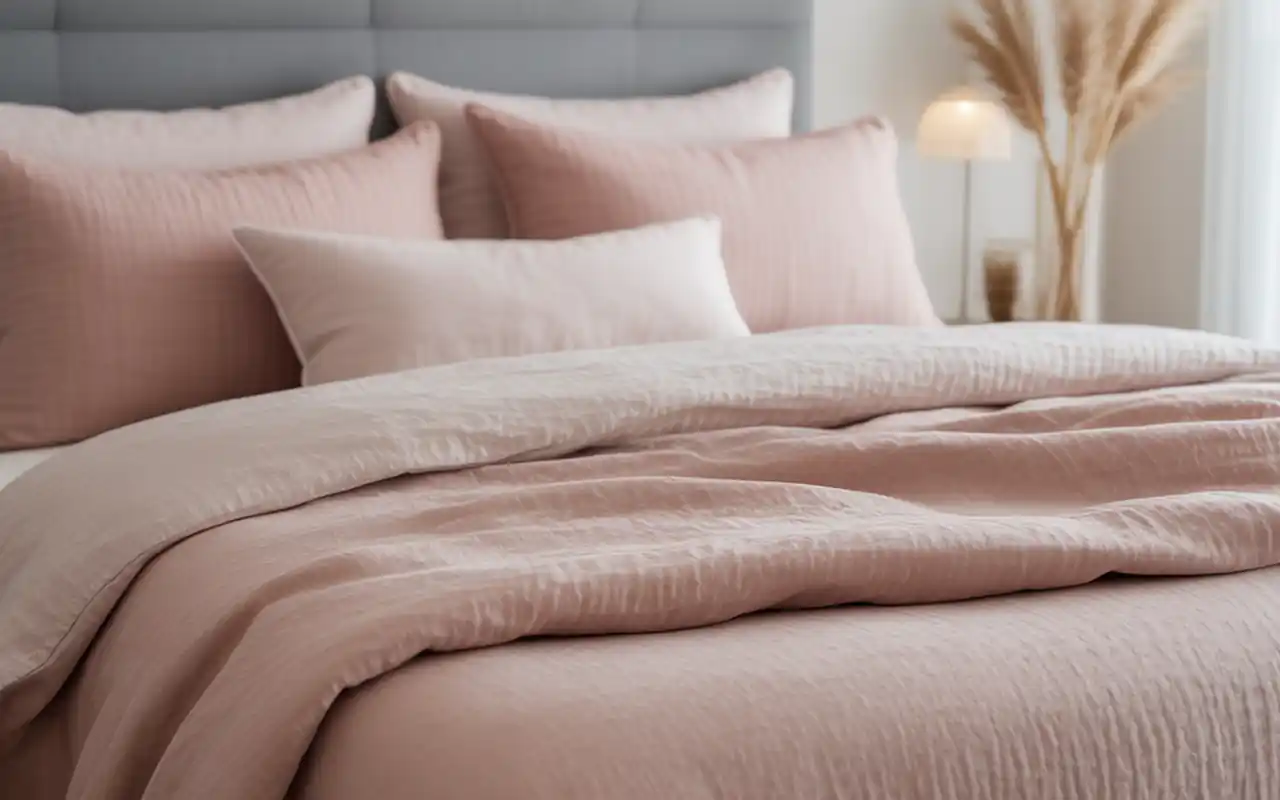 Close-up of highly textured monochromatic linen bedding in soft blush and dusty rose tones.