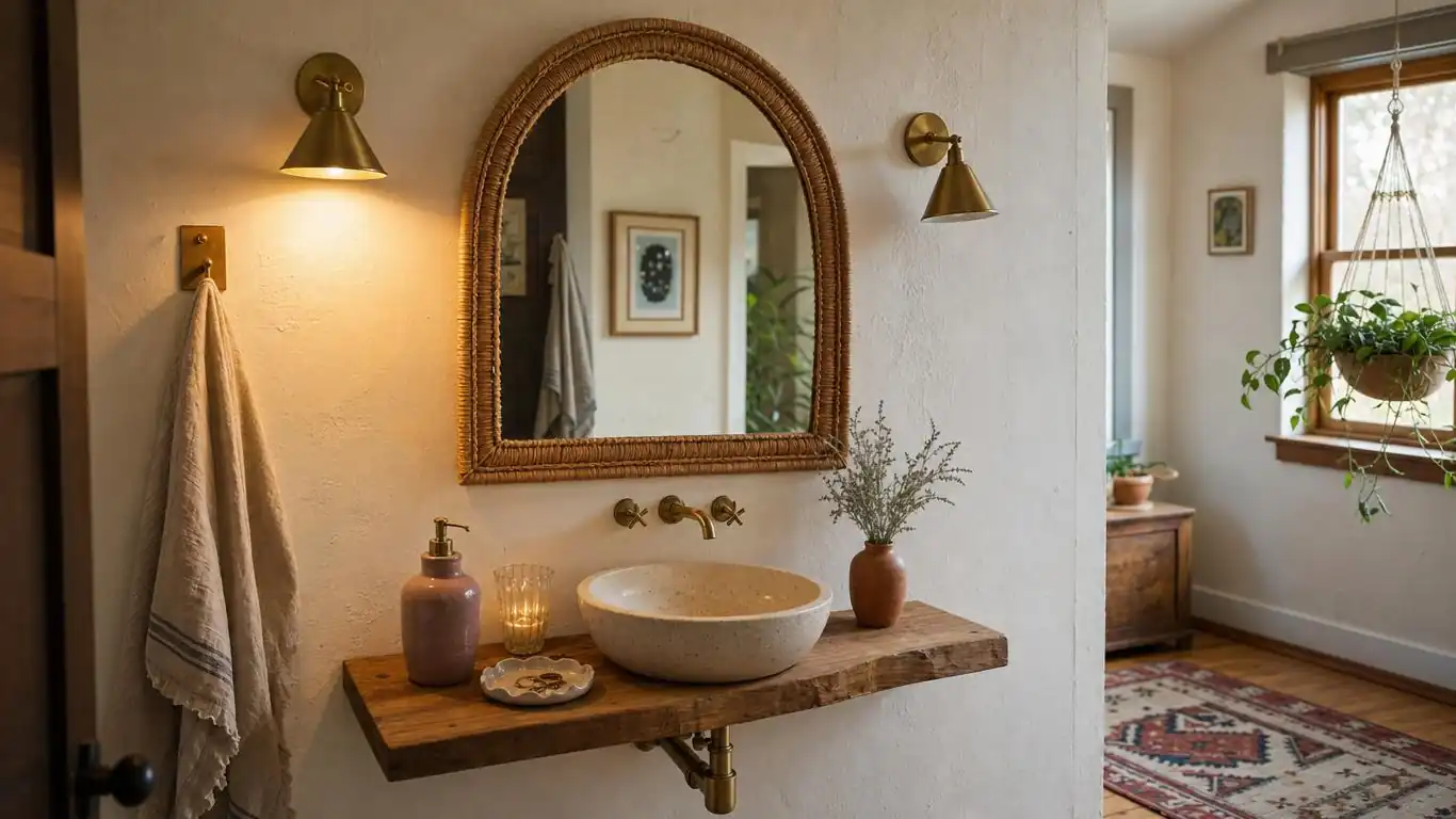 Brushed brass wall sconces flanking a boho bathroom mirror casting warm 2700K ambient light