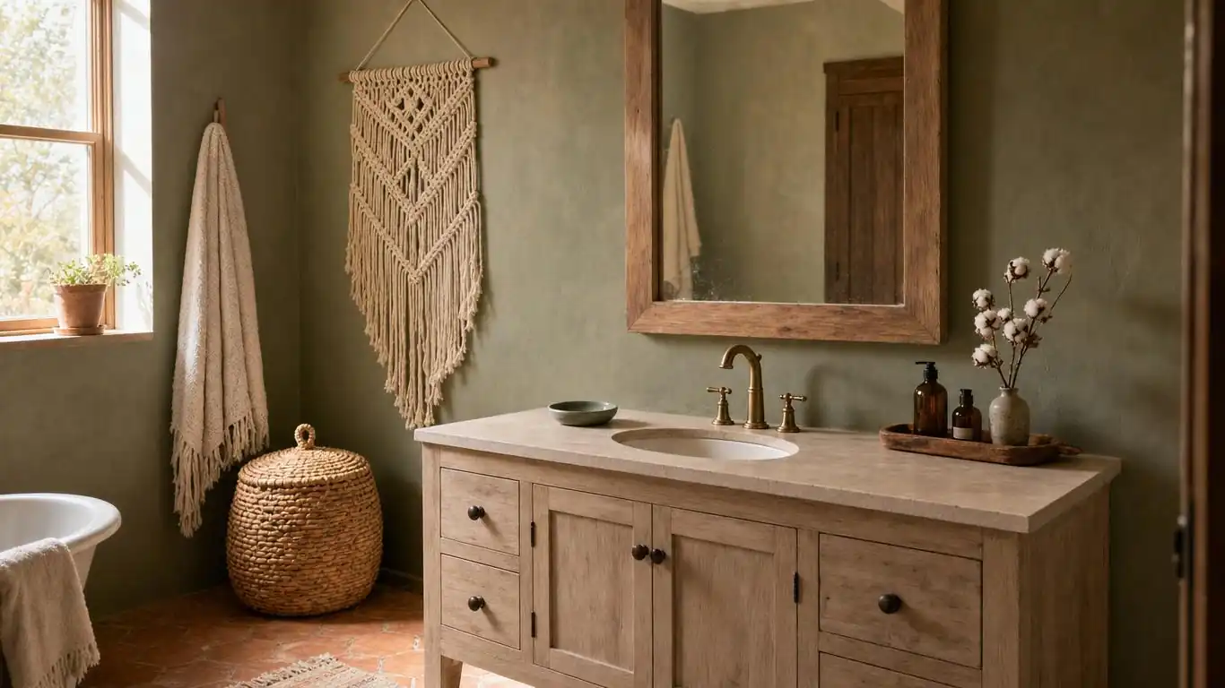 Boho bathroom painted in terracotta with sage green accents, warm wood shelving, and dried botanicals