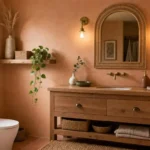 Warm boho bathroom with terracotta walls, rattan mirror, brass sconces, and jute bath mat