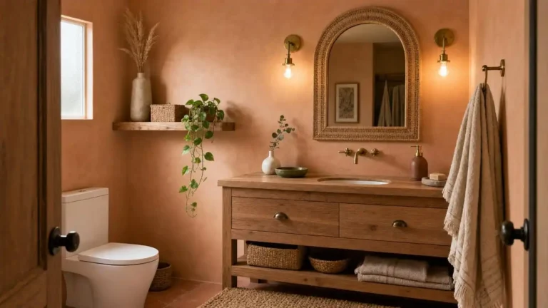 Warm boho bathroom with terracotta walls, rattan mirror, brass sconces, and jute bath mat