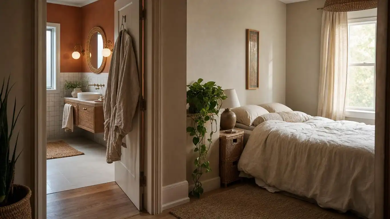 Boho bathroom with open shelving, woven baskets, trailing pothos, linen shower curtain, and macramé wall hanging