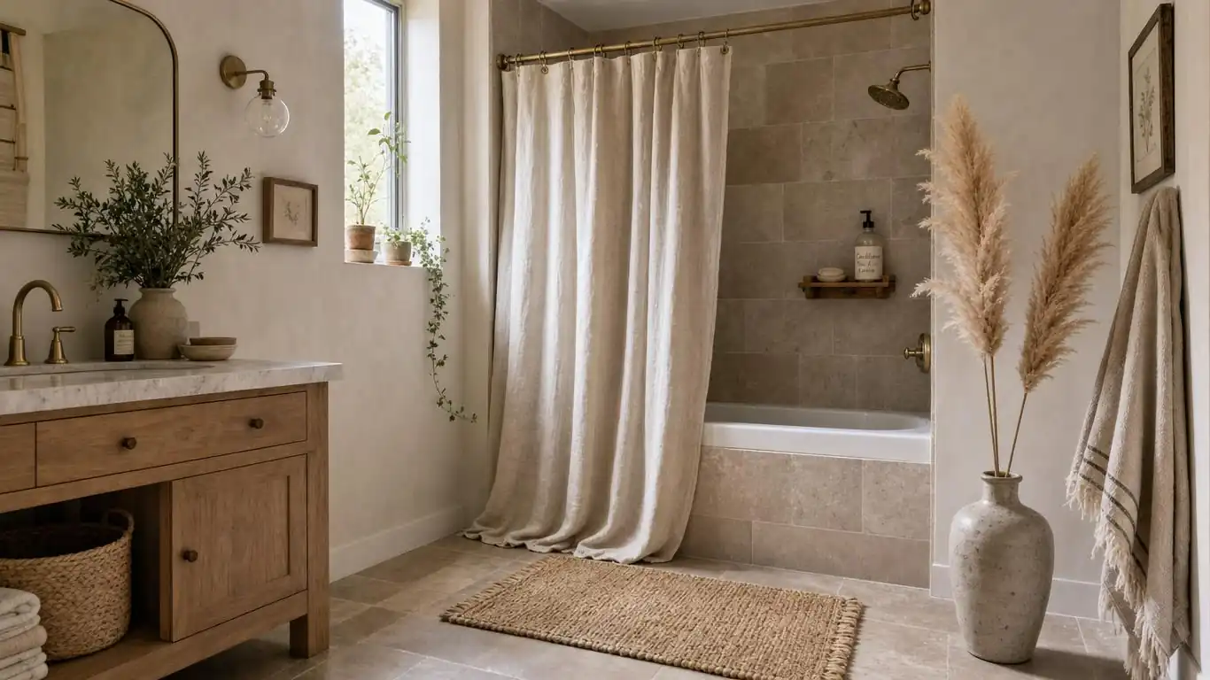 Rattan arched mirror above a boho bathroom vanity with linen hand towels and handmade ceramic accessories