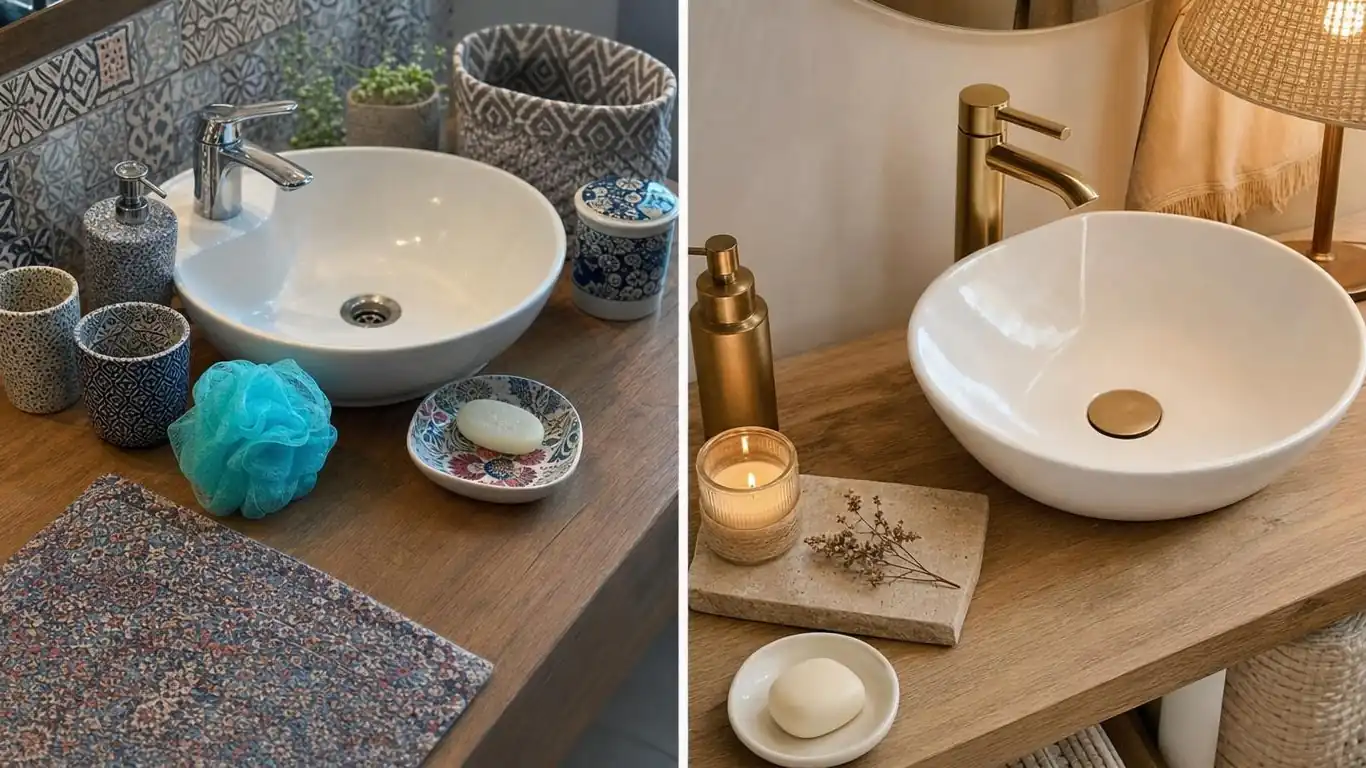 Boho bathroom showing the difference between layered styling and cluttered over-accessorizing