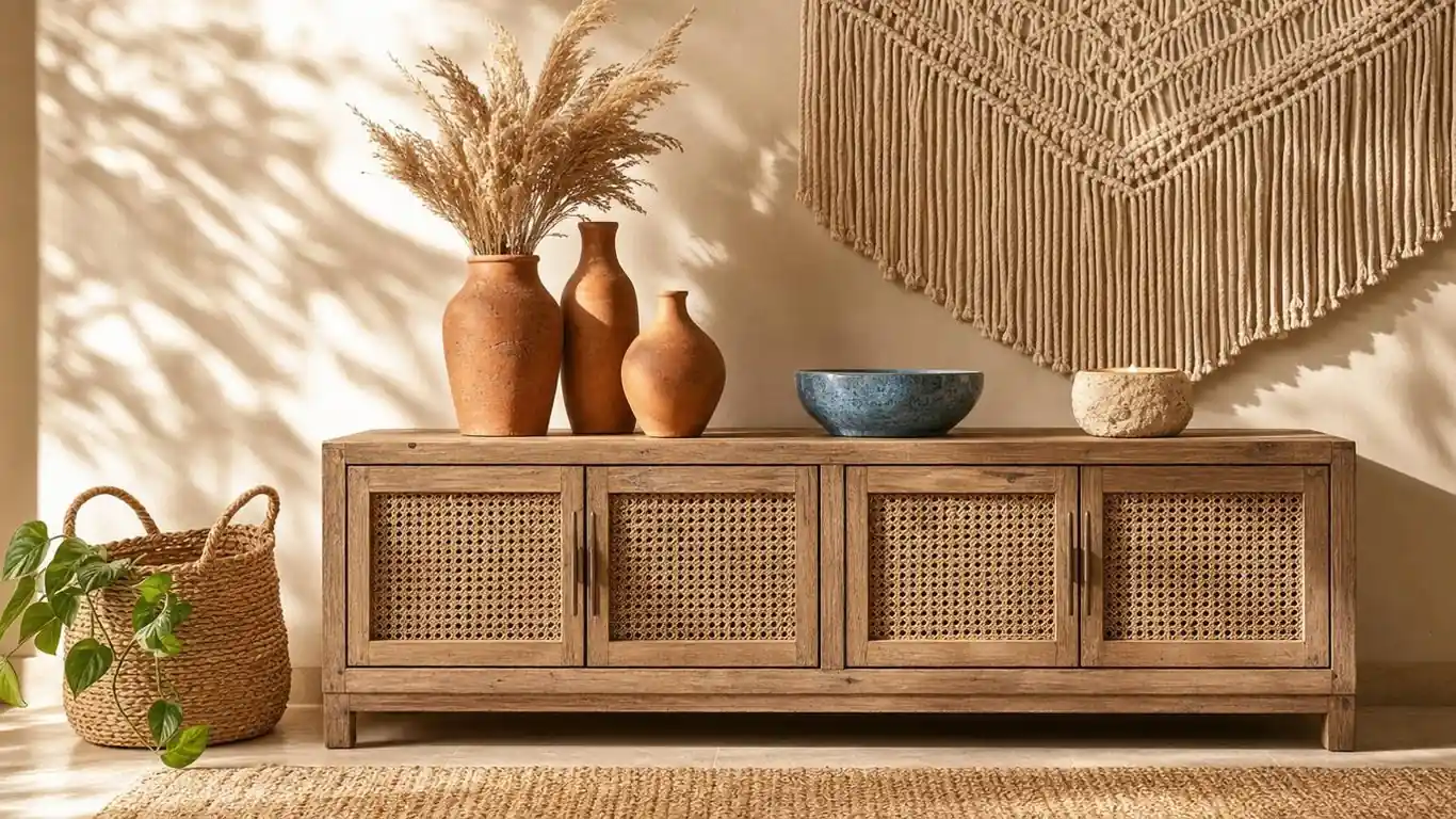Boho coastal living room vignette showing cane-panel sideboard with terracotta ceramics, ocean blue glaze accent bowl, and macramé wall panel