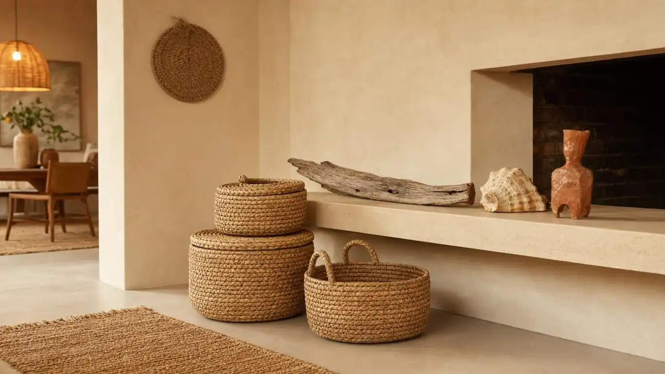 Edited boho coastal living room corner showing intentional spacing of driftwood and ceramic objects on a cane sideboard without clutter
