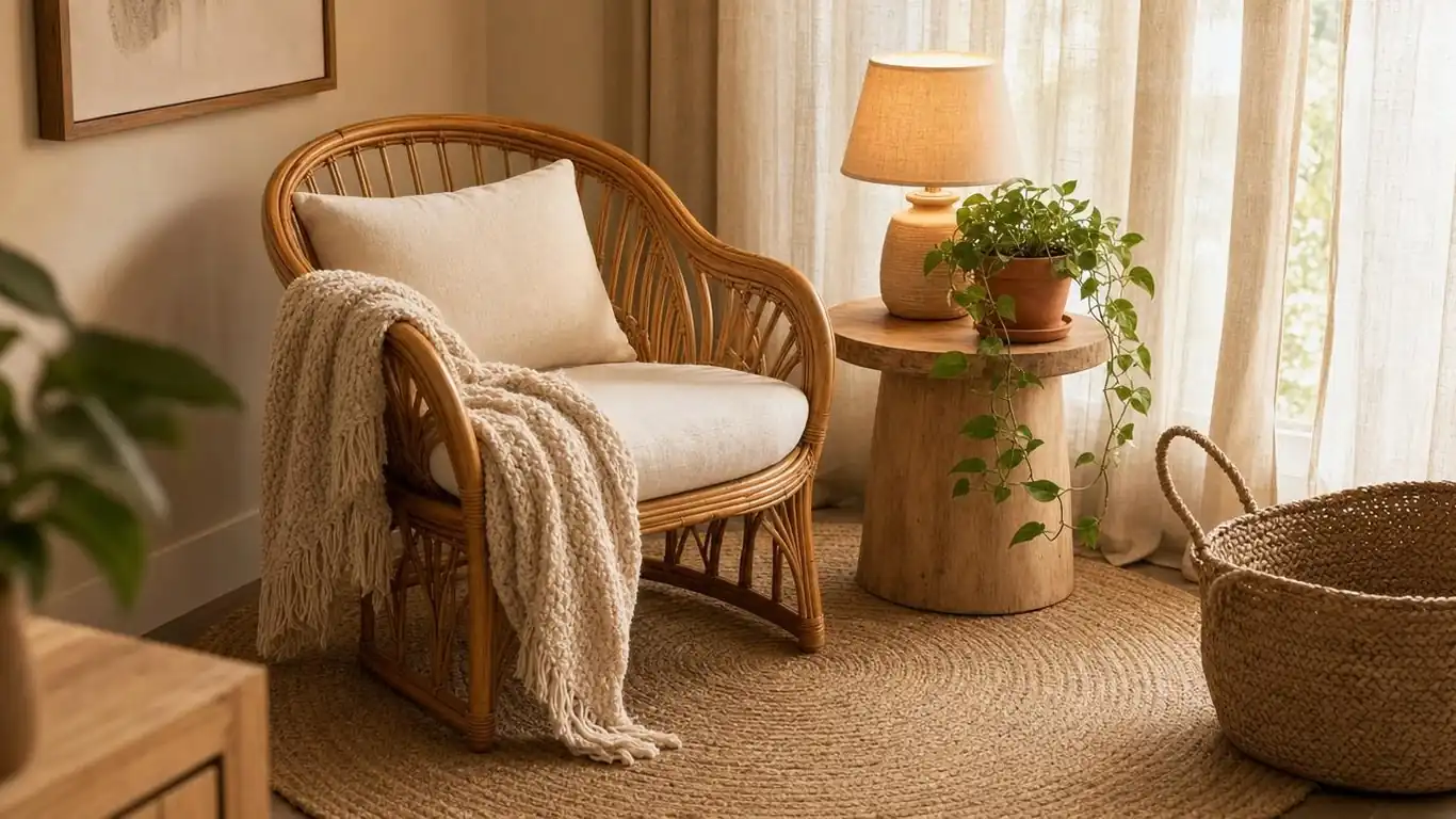 Small boho coastal living room with scaled-down jute rug, single rattan chair, seagrass baskets, and sheer linen curtains in a compact layout