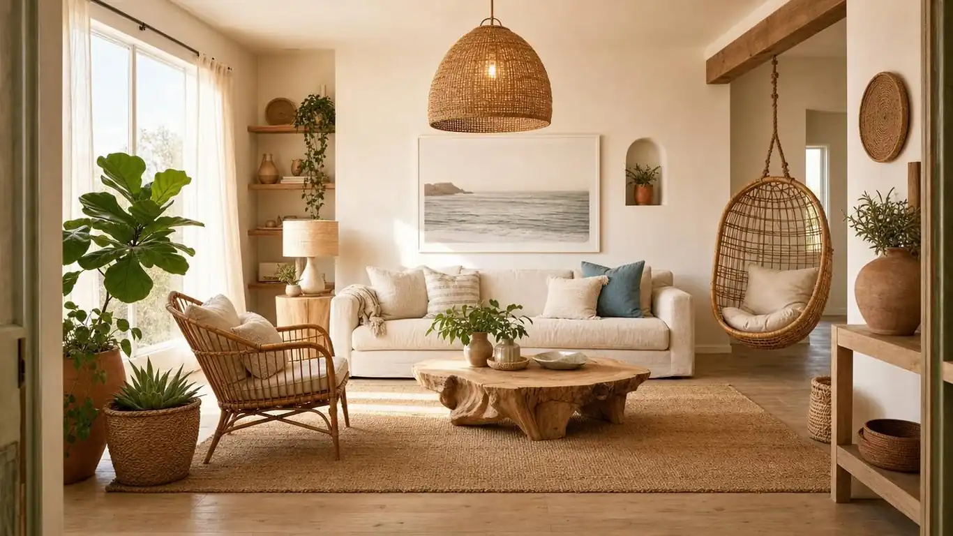 Wide-angle boho coastal living room layout showing rattan sofa arrangement, hanging egg chair corner, and trailing plant cluster near sheer linen curtains